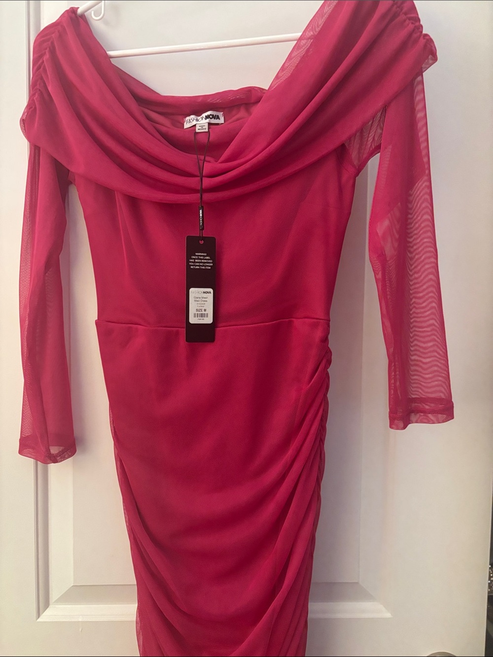 Fashion Nova Magenta Off-Shoulder Ruched Long Sleeve Gown - Picture 2 of 4